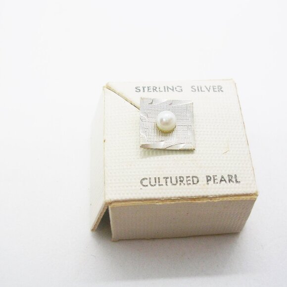 Sterling Silver Tie Tack with chain cultured Pearl vintage Formal Necktie Hold - Picture 2 of 3